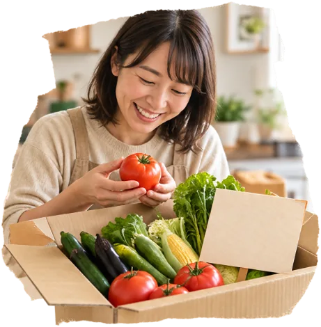 上の野菜箱を持つ女性の写真